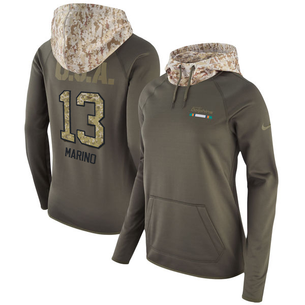 Women's Miami Dolphins #13 Dan Marino Olive Salute To Service Sideline Therma Pullover Hoodie - Zenithce