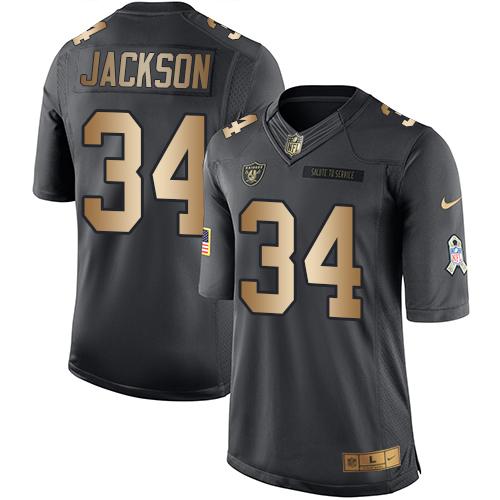 Raiders #34 Bo Jackson Black Stitched Limited Gold Salute To Service Nike Jersey - Zenithce