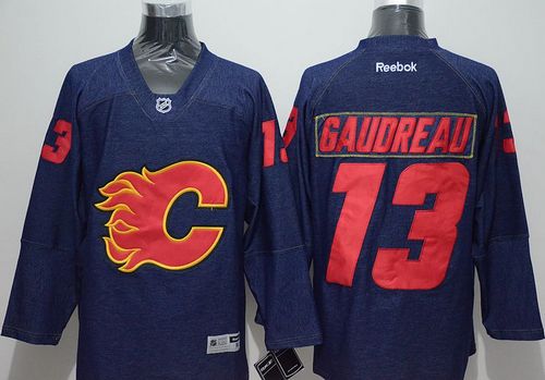 Flames #13 Johnny Gaudreau Navy Blue Denim Stitched Jersey - Zenithce