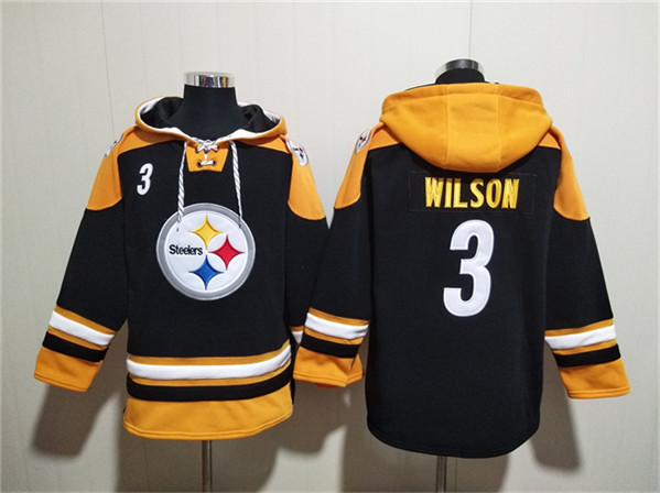 Pittsburgh Steelers #3 Russell Wilson Black Ageless Must-Have Lace-Up Pullover Hoodie - Zenithce