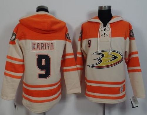 Ducks #9 Paul Kariya Cream Orange Sawyer Hooded Sweatshirt Stitched Jersey - Zenithce