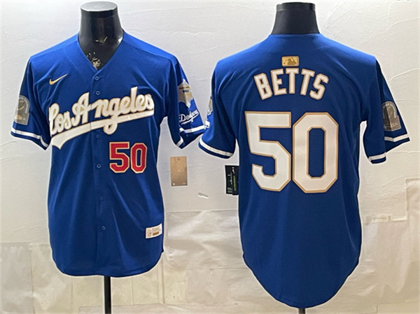 Los Angeles Dodgers #50 Mookie Betts Royal 2026 Gold Collection 9x B2B Champs Patch Stitched Jersey - Zenithce