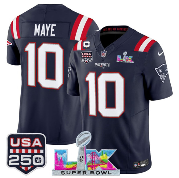 New England Patriots #10 Drake Maye Navy 2025 F.U.S.E. 1-Star C Patch And Super Bowl LX Patch USA 250' Patch Vapor Limited Stitched Jersey - Zenithce