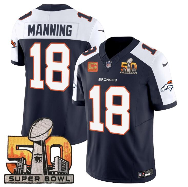 Denver Broncos #18 Peyton Manning Navy White 2024 F.U.S.E. With Super Bowl 50 Patch And 4-Star C Patch Vapor Limited Stitched Jersey - Zenithce