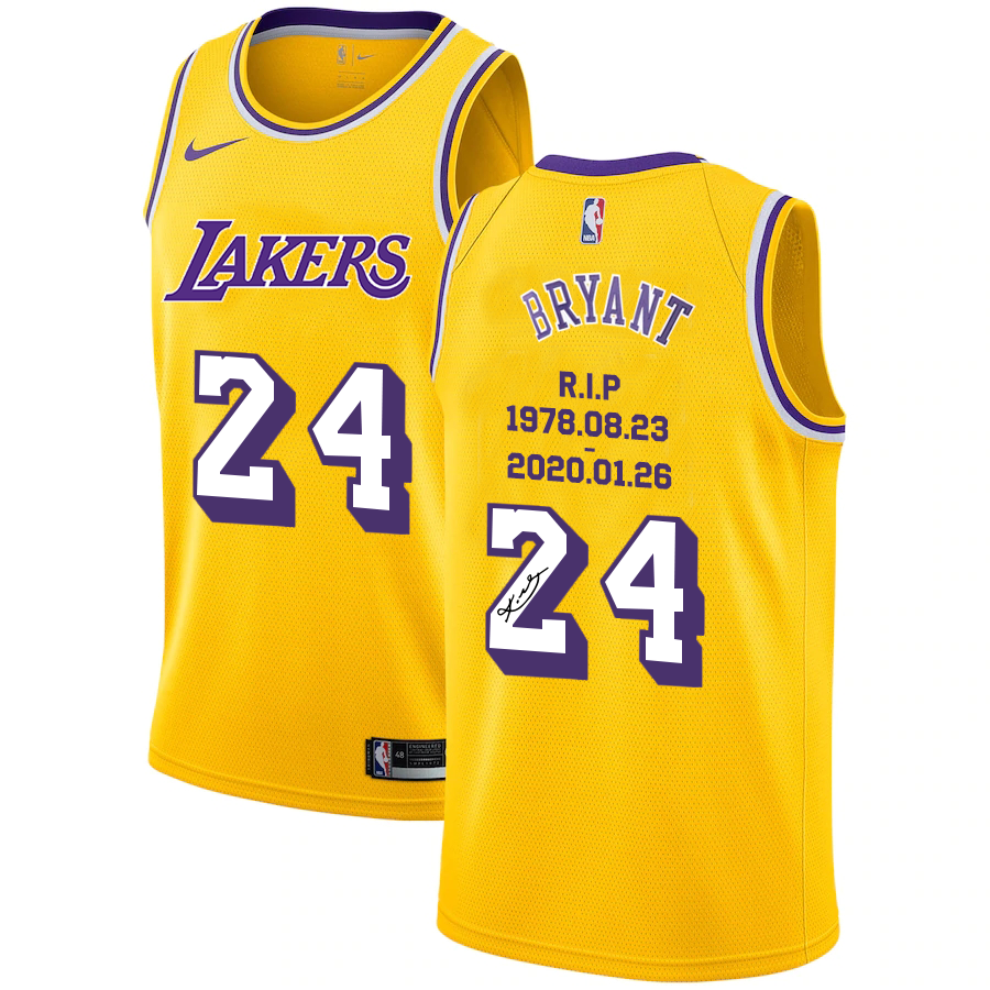 Los Angeles Lakers #24 Kobe Bryant Yellow R.I.P Signature Swingman Jerseys - Zenithce
