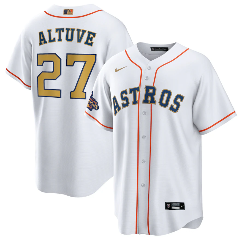 Houston Astros #27 Jose Altuve White 2023 Gold Collection With World Serise Champions Patch Cool Base Stitched Jersey - Zenithce