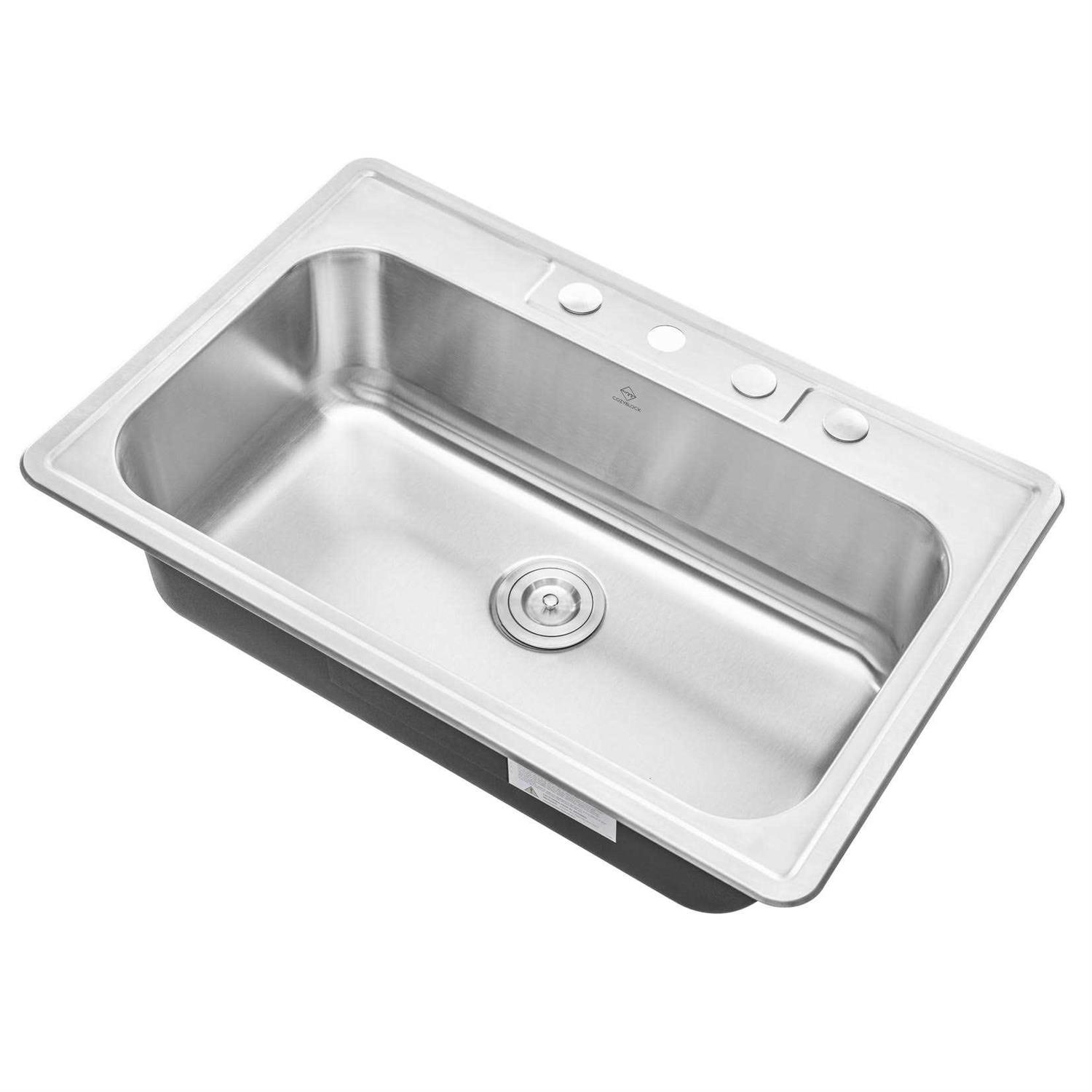 eModernDecor Top Mount Drop-in Stainless Steel 18-Gauge 25 in. x 22 in. x 9 in. Deep 4-Faucet Holes Single Bowl Kitchen Sink - Zenithce