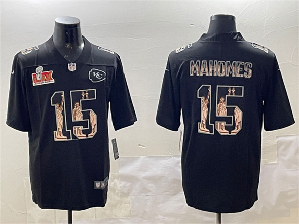 Kansas City Chiefs #15 Patrick Mahomes Black 2025 Super Bowl LIX Patch Statue Of Liberty Vapor Limited Stitched Jersey - Zenithce