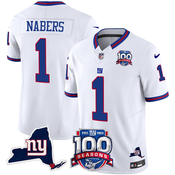 New York Giants #1 Malik Nabers White 2024 F.U.S.E. 100th Season And State Patch Vapor Limited Stitched Jersey - Zenithce