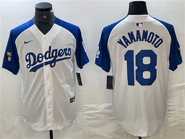 Los Angeles Dodgers #18 Yoshinobu Yamamoto White Blue Vin Patch Cool Base Stitched Jersey - Zenithce