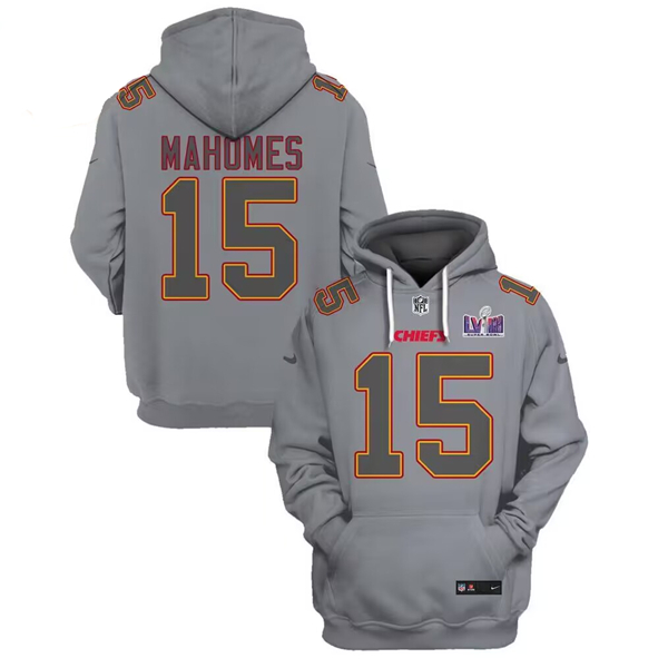 Kansas City Chiefs #15 Patrick Mahomes Gray Super Bowl LVIII Patch Limited Edition Hoodie - Zenithce