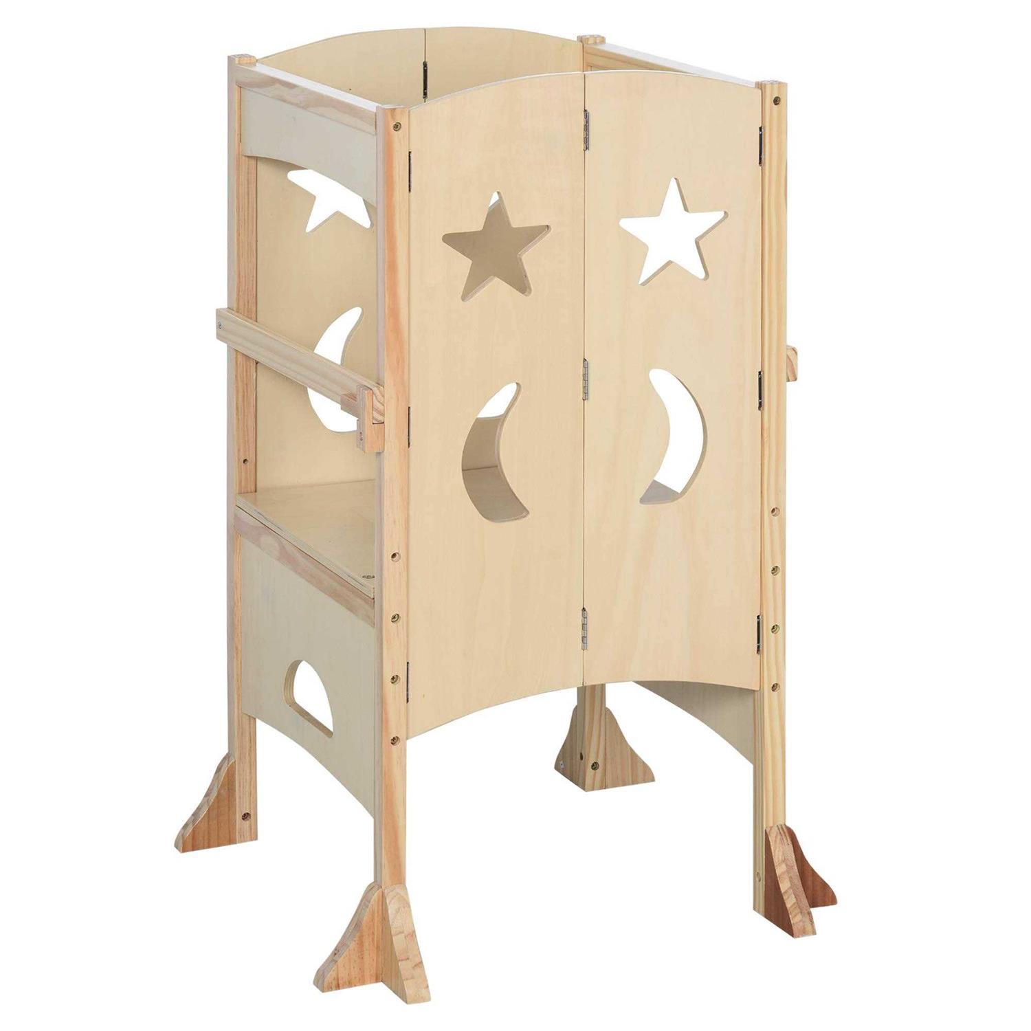 Qaba Kids Foldable Kitchen Step Stool with Chalkboard and Lockable Handrail for Children 3-6 Years Old - Zenithce