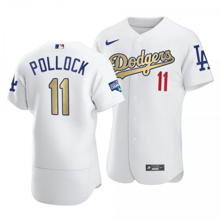 Los Angeles Dodgers #11 A.J. Pollock White Gold Championship Flex Base Stitched Baseball Jersey - Zenithce