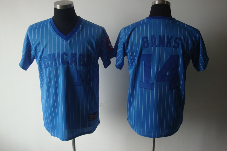 Cubs #14 Ernie Banks Blue White Strip Stitched Cooperstown Throwback Jersey - Zenithce