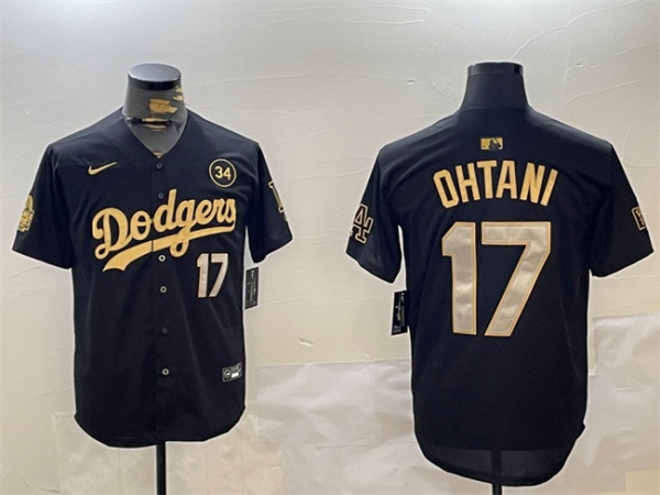 Los Angeles Dodgers #17 Shohei Ohtani Black Gold 2024 World Series With No. 34 Patch Limited Stitched Jersey - Zenithce
