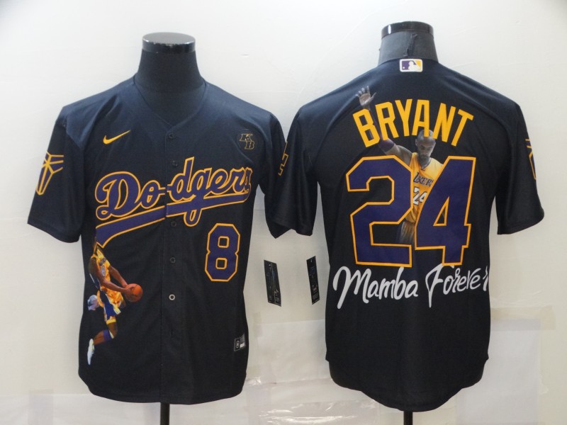 Los Angeles Dodgers Front #8 Back #24 Kobe Bryant Black With KB Patch Cool Base Stitched Jersey - Zenithce