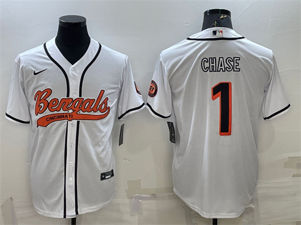 Cincinnati Bengals #1 Ja'Marr Chase White With Patch Cool Base Stitched Baseball Jersey - Zenithce