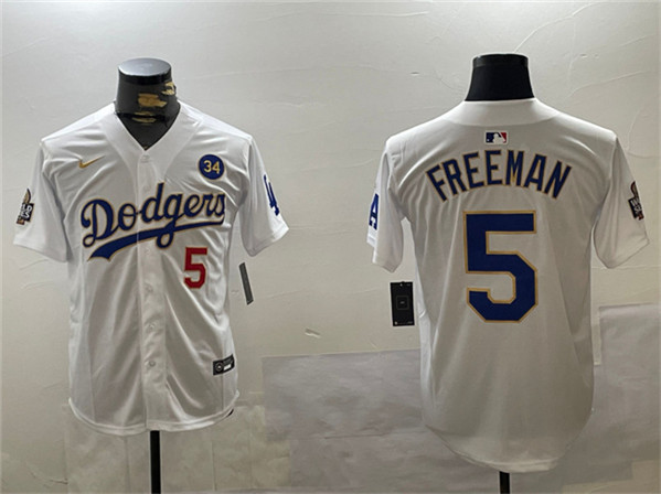 Los Angeles Dodgers #5 Freddie Freeman White Gold 2024 World Series With No. 34 Patch Home Limited Stitched Jersey - Zenithce