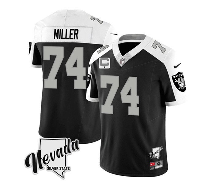 Las Vegas Raiders #74 Kolton Miller Black White 2023 F.U.S.E Nevada Silver Stat With 4-Star C Patch Stitched Jersey - Zenithce