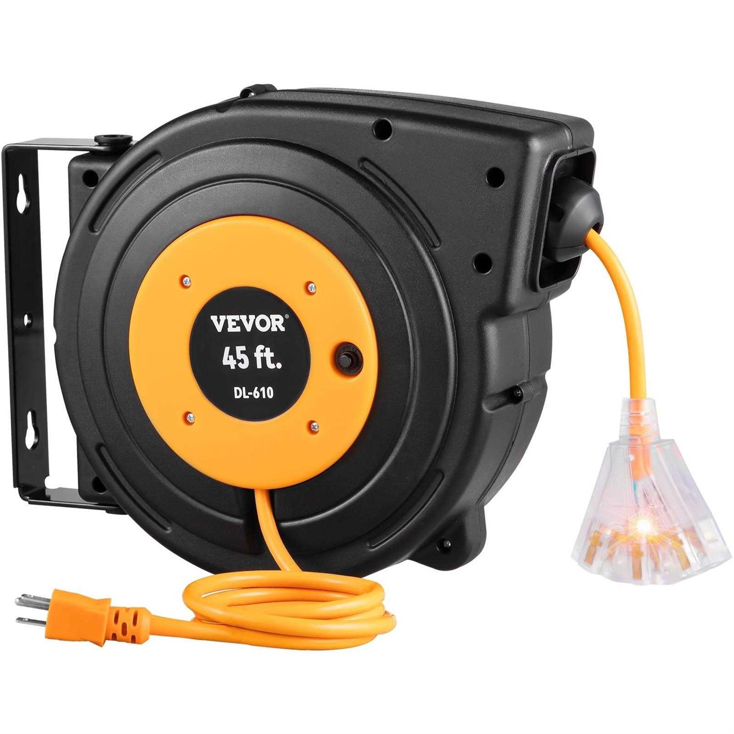 VEVOR Retractable Extension Cord Reel 30 Ft Heavy Duty 16AWG/3C Sjtow Power Cord with Lighted Triple Tap Outlet 10 Amp Circuit Breaker for Ceiling - Zenithce