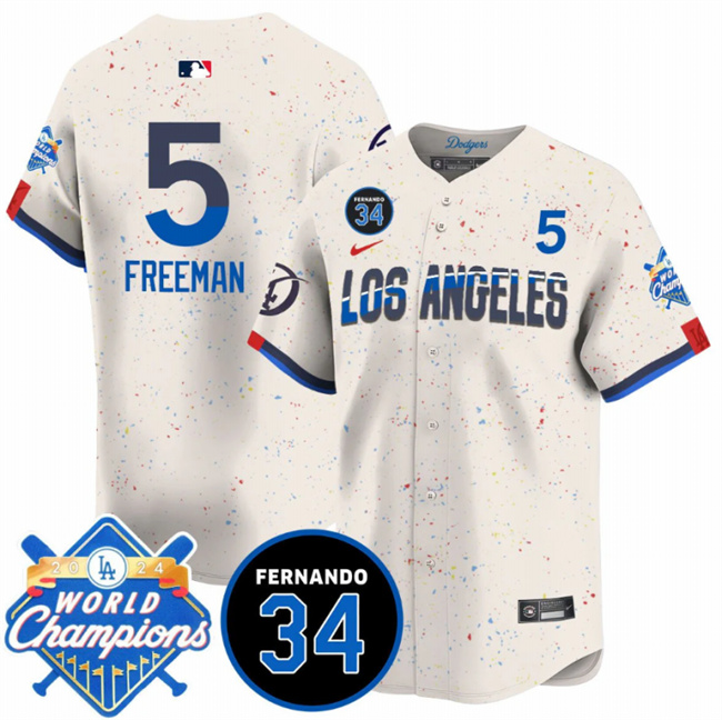 Los Angeles Dodgers #5 Freddie Freeman Cream 2024 World Champions Fernando Memorial Patch City Connect Vapor Premier Limited Stitched Jersey - Zenithce