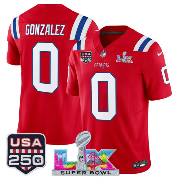 New England Patriots #0 Christian Gonzalez Red 2025 F.U.S.E. Super Bowl LX Patch And USA 250' Patch Vapor Limited Stitched Jersey - Zenithce