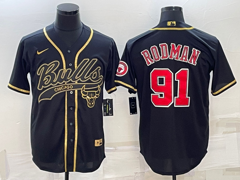Chicago Bulls #91 Dennis Rodman Black Gold With Patch Cool Base Stitched Baseball Jersey - Zenithce