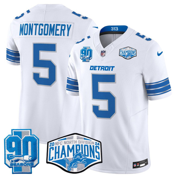 Detroit Lions #5 David Montgomery White 2024 NFC North Champions 90th Anniversary Patch F.U.S.E. Vapor Limited Stitched Jersey - Zenithce