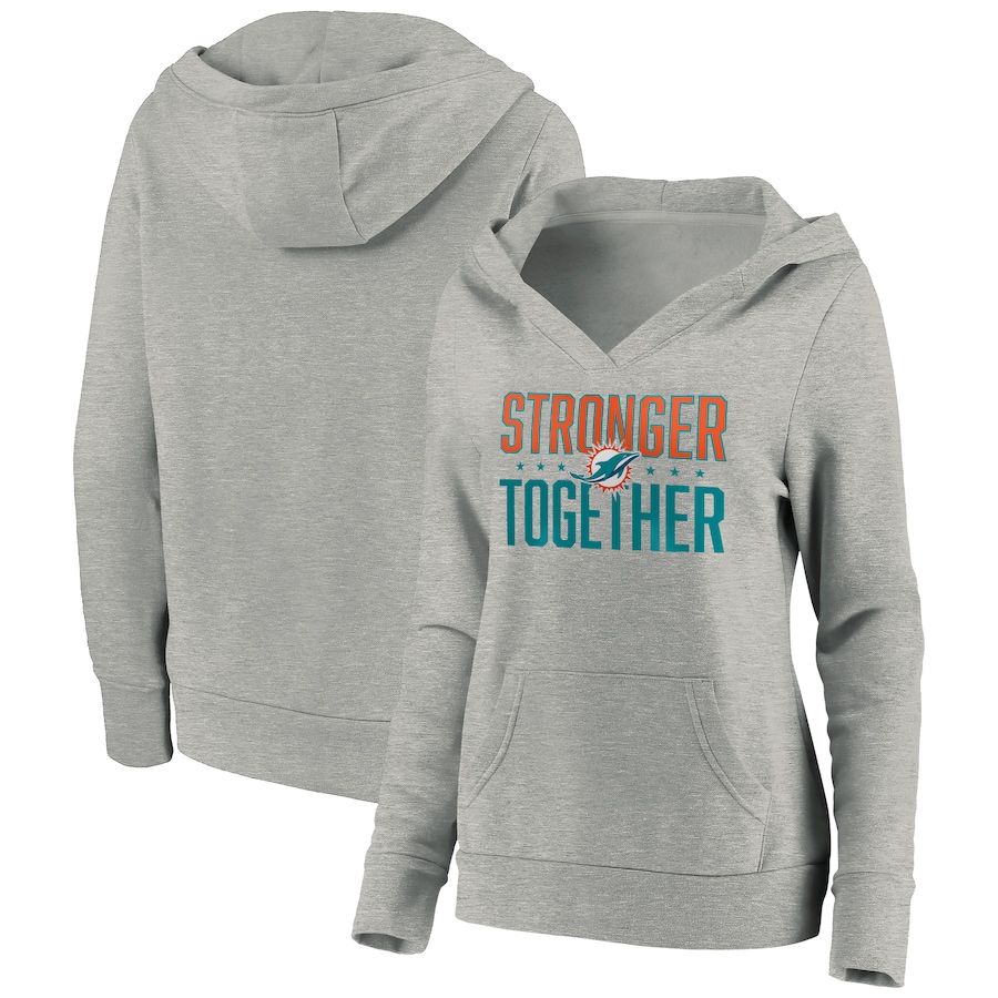 Women's Miami Dolphins Heather Gray Stronger Together Crossover Neck Pullover Hoodie(Run Small) - Zenithce