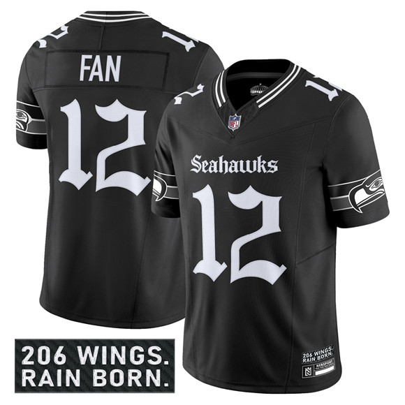 Seattle Seahawks #12 Fan Black 2025 F.U.S.E. 'Gothic Rain City Shadows Edition' Vapor Limited Football Stitched Jersey - Zenithce
