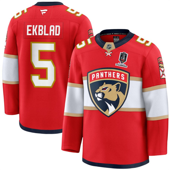 Florida Panthers #5 Aaron Ekblad Red Home 2025 Stanley Cup Champions Patch Stitched Jersey - Zenithce