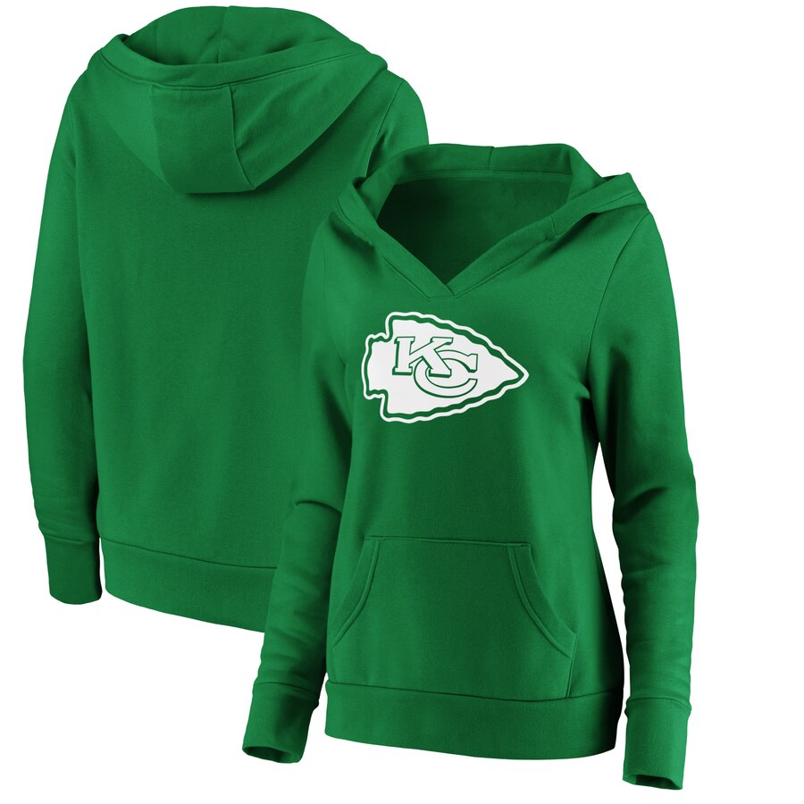 Women's Kansas City Chiefs Green St. Patrick's Day White Logo Pullover Hoodie(Run Small) - Zenithce