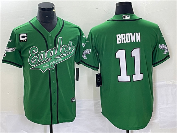 Philadelphia Eagles #11 A. J. Brown Green With C Patch Cool Base Stitched Jersey - Zenithce