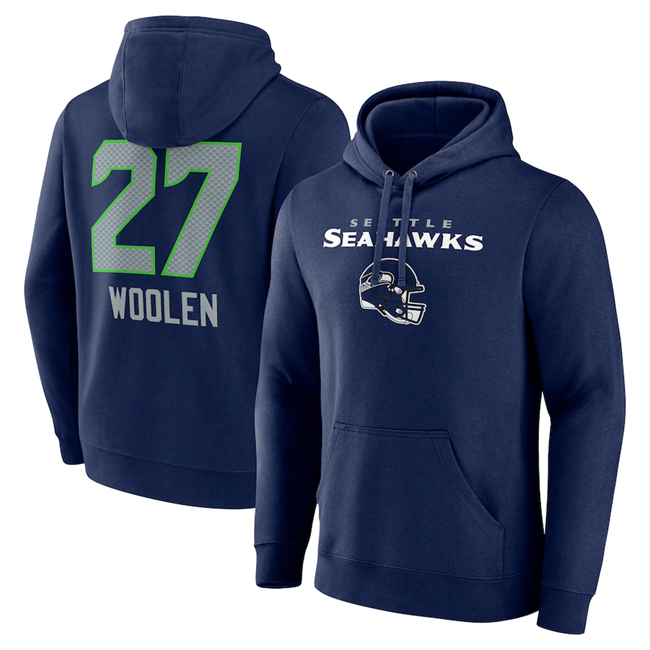 Seattle Seahawks #27 Riq Woolen Navy Team Wordmark Player Name Number Pullover Hoodie - Zenithce