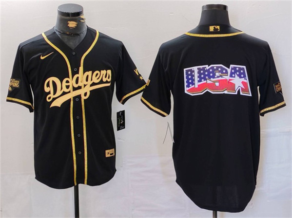 Los Angeles Dodgers Team Big Logo Black Gold Cool Base With Patch Stitched Jersey - Zenithce