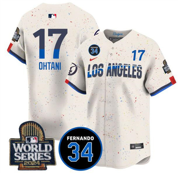 Los Angeles Dodgers #17 Shohei Ohtani Cream 2024 World Series With Fernando Memorial Patch City Connect Limited Stitched Jersey - Zenithce