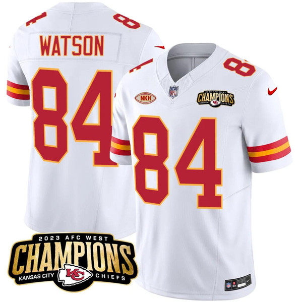 Kansas City Chiefs #84 Justin Watson White 2023 F.U.S.E. AFC West Champions With 