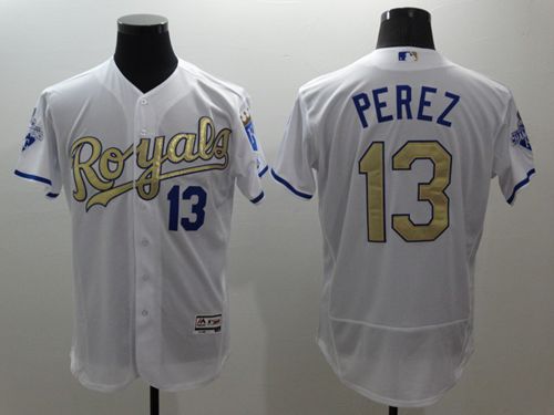 Royals #13 Salvador Perez White 2015 World Series Champions Gold Program FlexBase Authentic Stitched Jersey - Zenithce