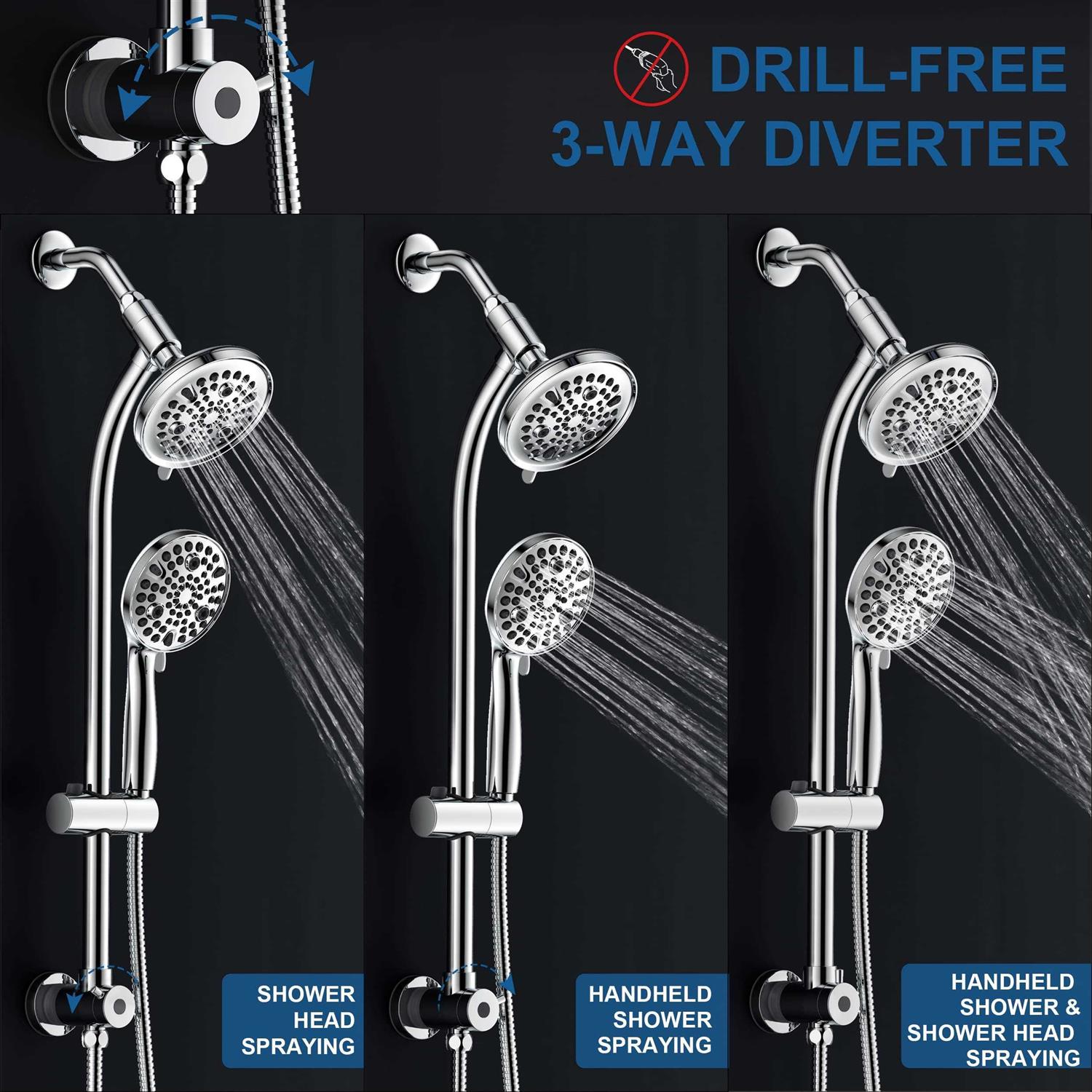 egretshower High Pressure Handheld/Rain 82-mode 3-way Shower Head Combo with 25.75 Adjustable Drill-free Stainless Steel Slide Bar - Zenithce