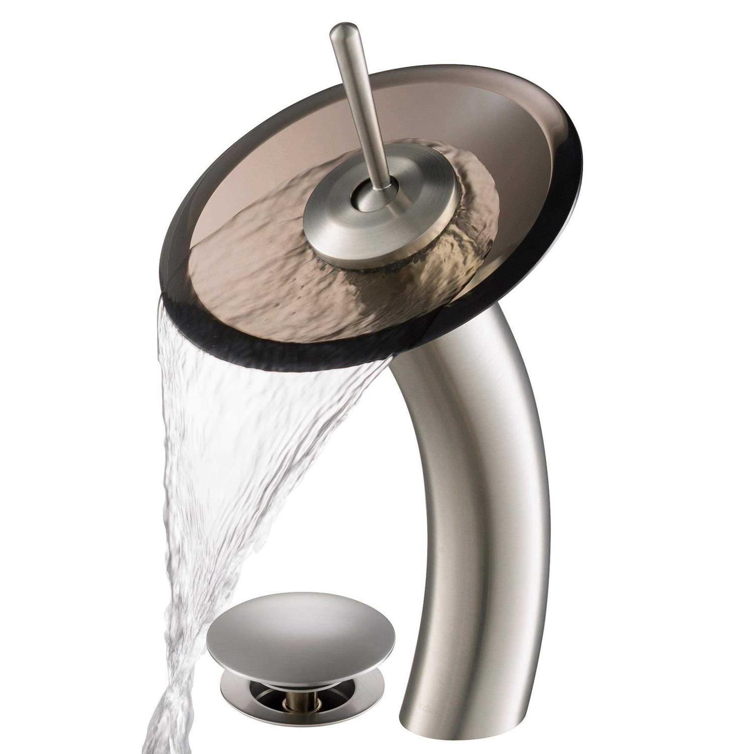 Kraus Single Hole & Handle Vessel Glass Waterfall Bathroom Faucet with Pop-Up Drain with Glass Disk KGW-1700 - Zenithce