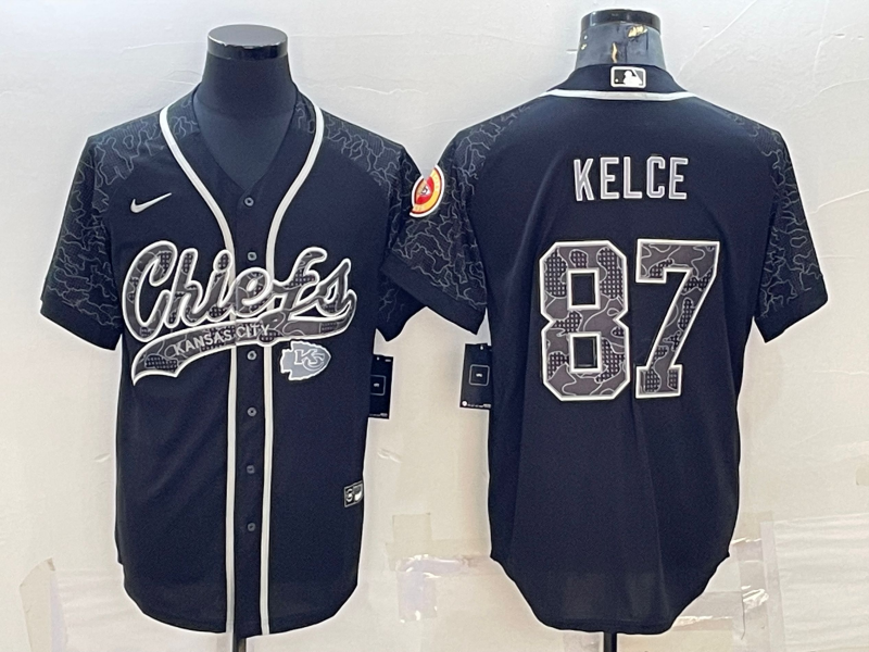 Kansas City Chiefs #87 Travis Kelce Black Reflective With Patch Cool Base Stitched Baseball Jersey - Zenithce