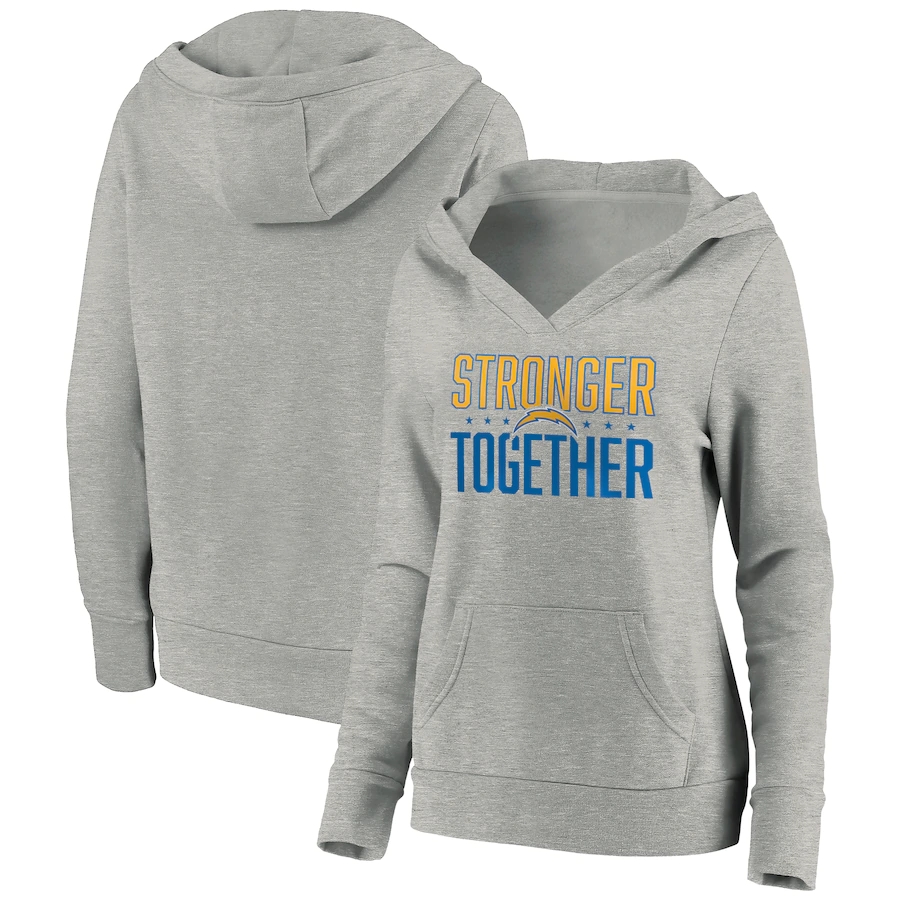 Women's Los Angeles Chargers Heather Gray Stronger Together Crossover Neck Pullover Hoodie(Run Small) - Zenithce