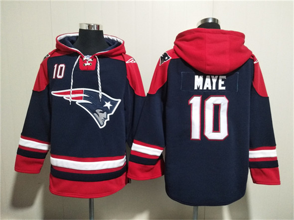 New England Patriots #10 Drake Maye Navy Ageless Must-Have Lace-Up Pullover Hoodie - Zenithce