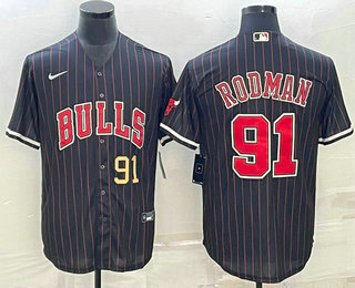Chicago Bulls #91 Dennis Rodman Number Black With Patch Cool Base Stitched Baseball Jersey - Zenithce