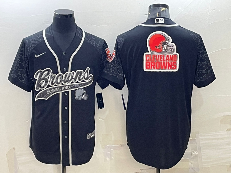 Cleveland Browns Black Reflective Team Big Logo With Patch Cool Base Stitched Baseball Jersey - Zenithce