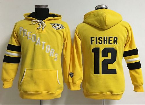 Nashville Predators #12 Mike Fisher Yellow Women's Old Time Heidi Hoodie NHL Hoodie - Zenithce