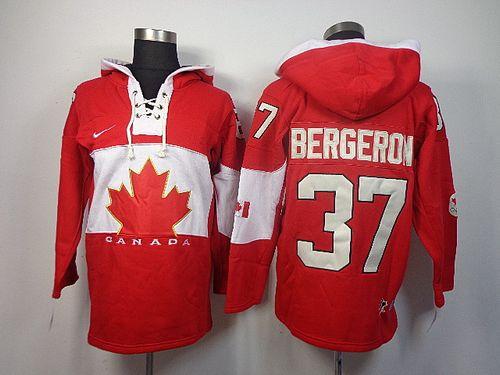 Olympic CA. #37 Patrice Bergeron Red Sawyer Hooded Sweatshirt Stitched Jersey - Zenithce