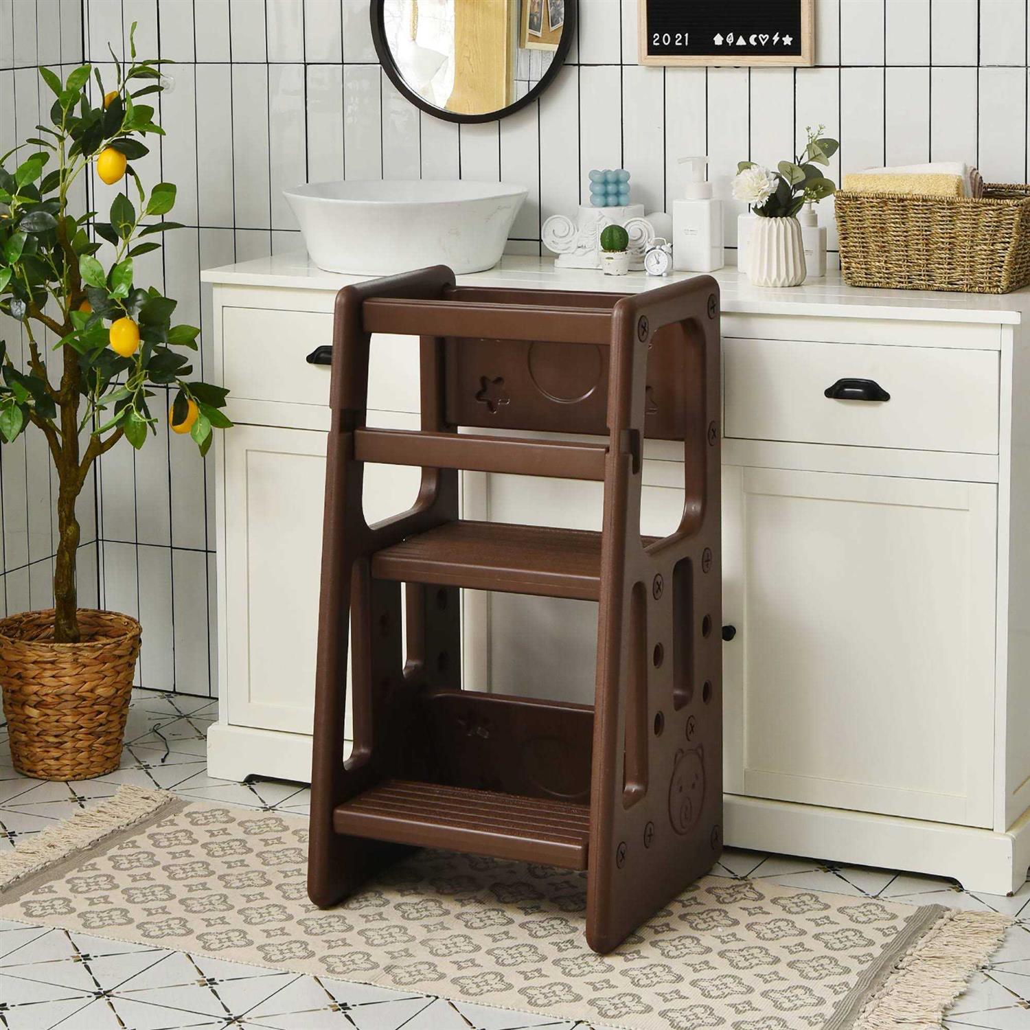 Costway Folding Wooden Step Stool with Lockable Safety Rail for Toddler - Zenithce