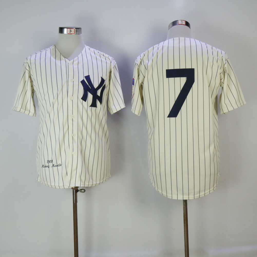 New York Yankees #7 Mickey Mantle Cream 1951 Mitchell Ness Stitched Jersey - Zenithce