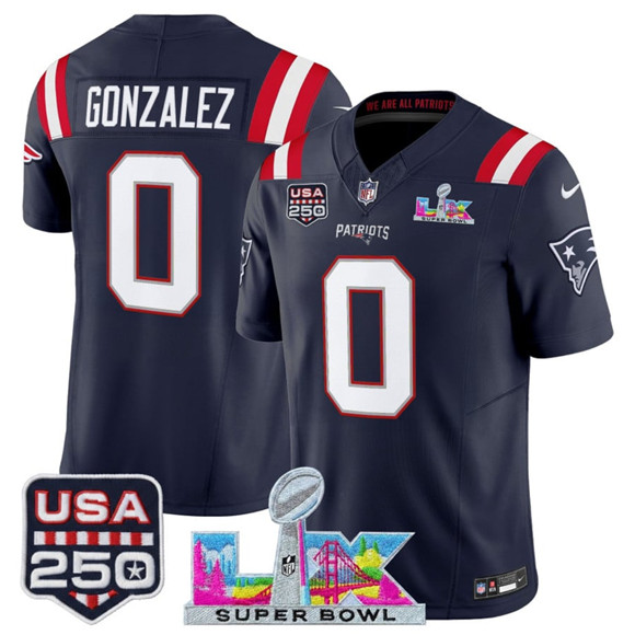 New England Patriots #0 Christian Gonzalez Navy 2025 F.U.S.E. Super Bowl LX Patch And USA 250' Patch Vapor Limited Stitched Jersey - Zenithce